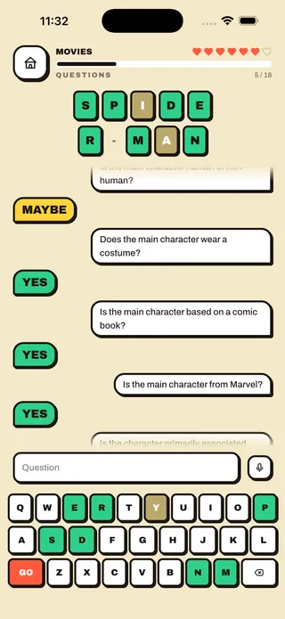 AI Charades solo mode: guessing the word Spider-Man by asking the AI yes/no questions