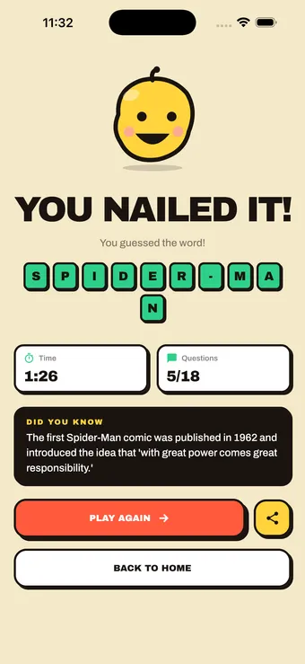 AI Charades win screen after guessing Spider-Man in 5 of 18 questions, with a fun fact about the answer