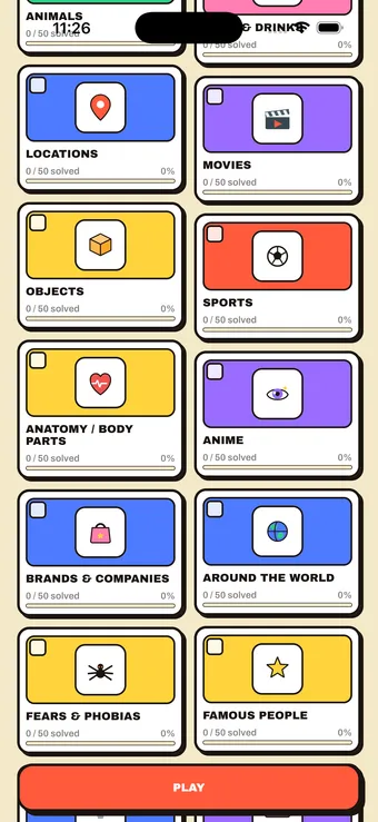 AI Charades word pack grid showing Animals, Food & Drinks, Movies, Sports and more categories