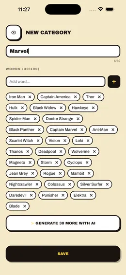 Creating a custom Marvel word category with AI-generated words in AI Charades
