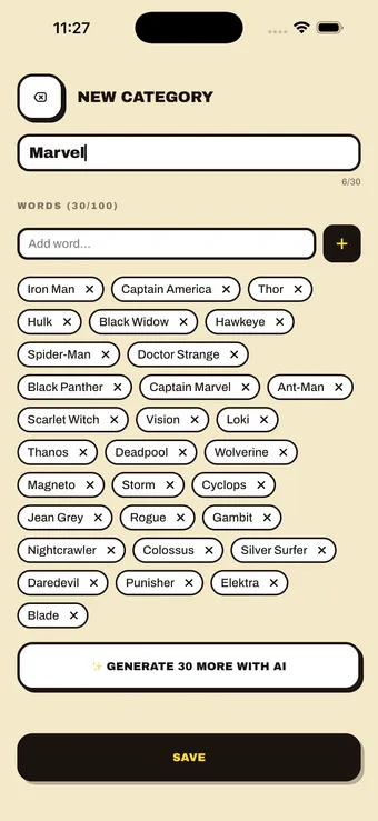 Creating a custom Marvel category in AI Charades with 30 AI-generated words like Iron Man and Thor