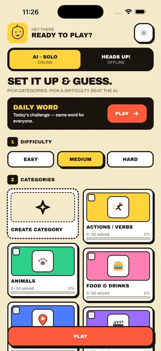 AI Charades home screen showing AI Solo and Heads Up game modes
