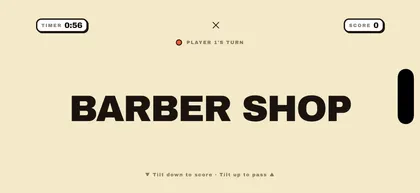 AI Charades heads-up party mode showing the word Barber Shop with a timer