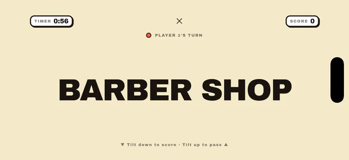 AI Charades heads-up gameplay showing the word Barber Shop, a 60-second timer and tilt-to-score instructions