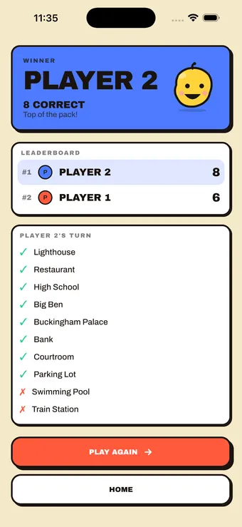 AI Charades results screen with winner, leaderboard, and list of correct and missed words