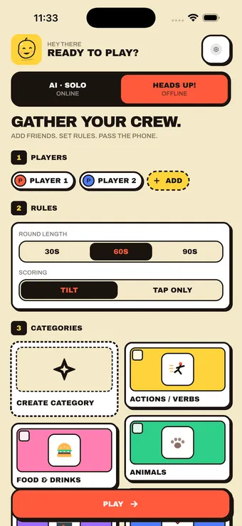 AI Charades party mode setup screen with players, round length and category selection